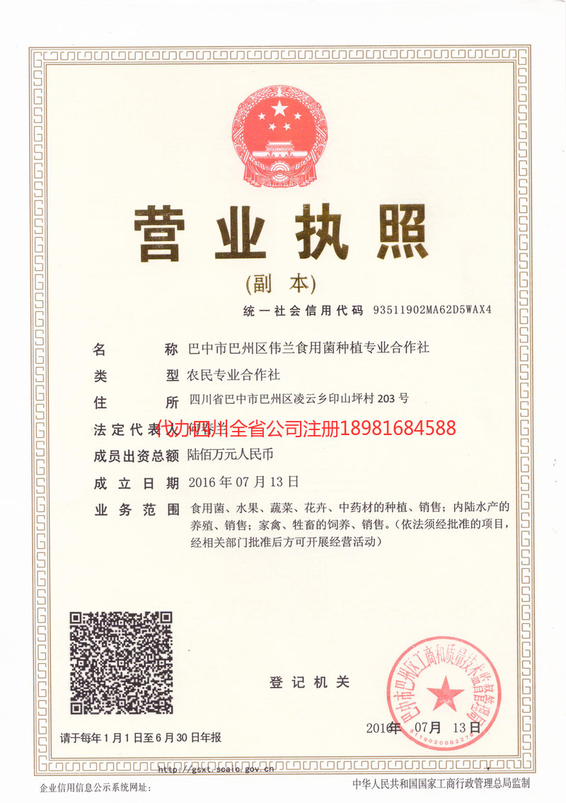 盐亭盐亭伟兰食用菌种植专业合作社